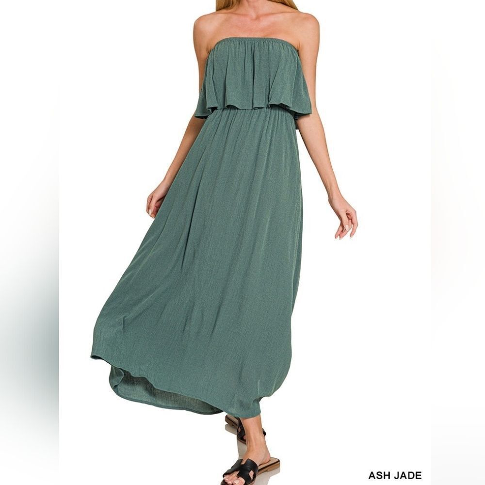 Zenana Flowy Crinkle Strapless Maxi Dress Strapless Maxi Jersey sz Small [2/4]